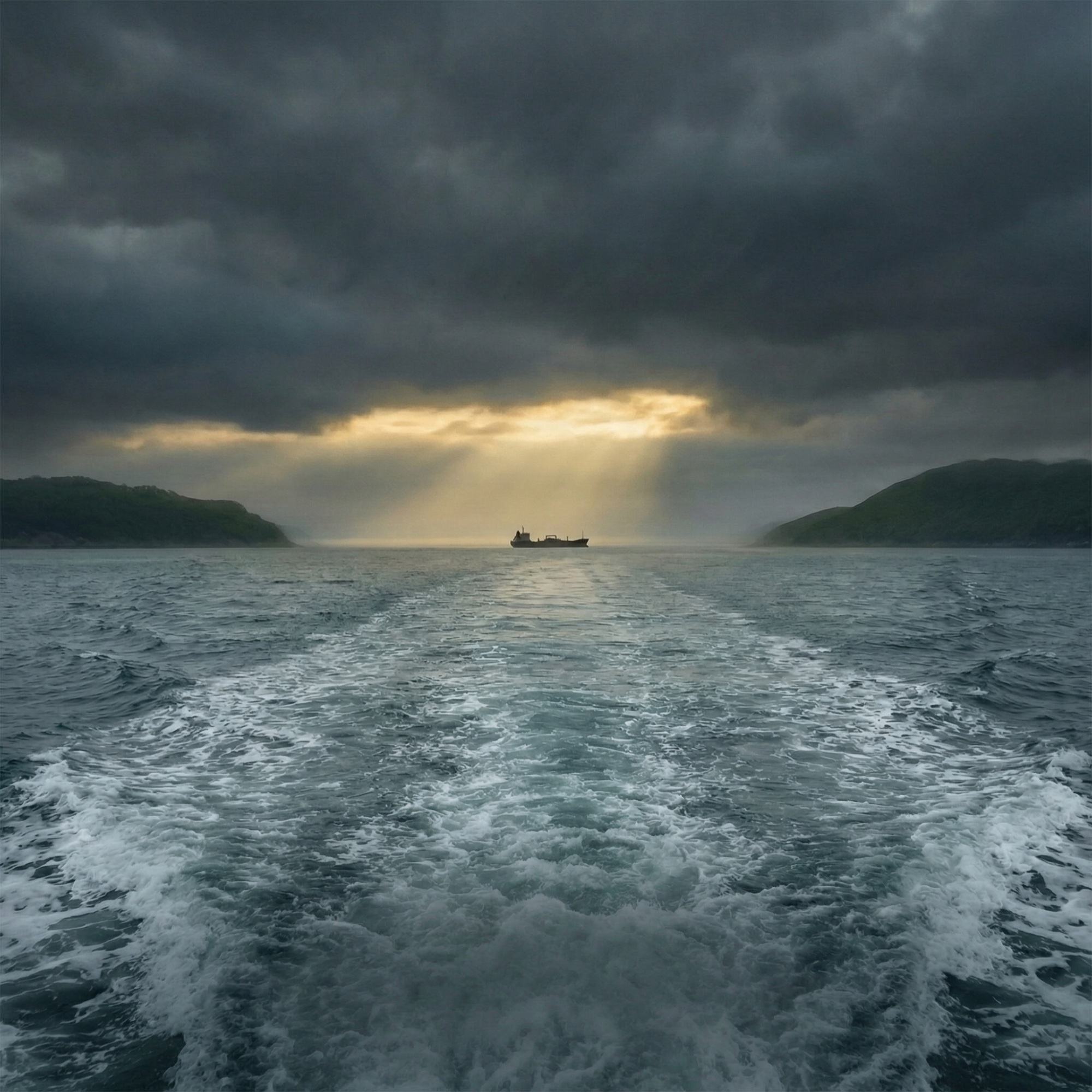 A ship passing through a dark strait with light breaking through storm clouds